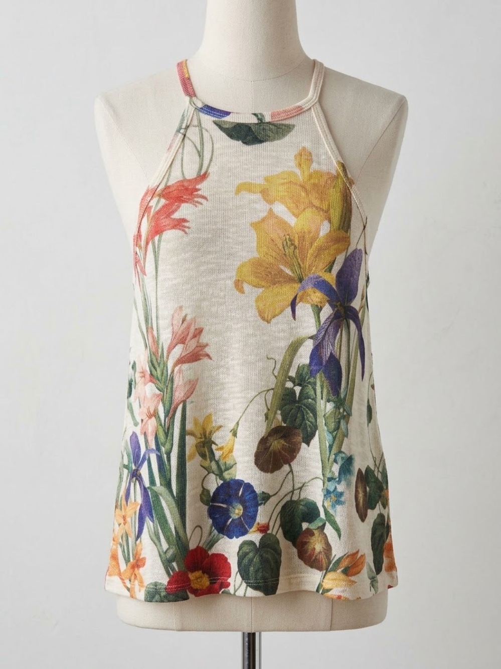 Floral Halter Tank Top in Cream with Multicolor Print